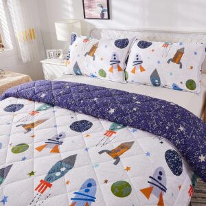 Brandream Kids Bedding Set Twin Size Space Boy Girl Cotton Comforter Set Space Rocket Galaxy Bedroom 3-Piece