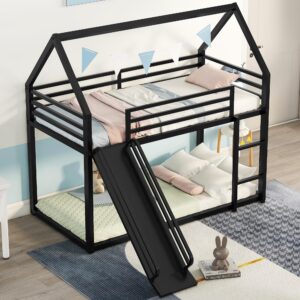 CITYLIGHT Metal Bunk Beds with Slide, House Bunk Bed Twin Over Twin with Roof, Kids Floor Bunk Beds with Built-in Ladder for Girls Boys Toddlers, Black