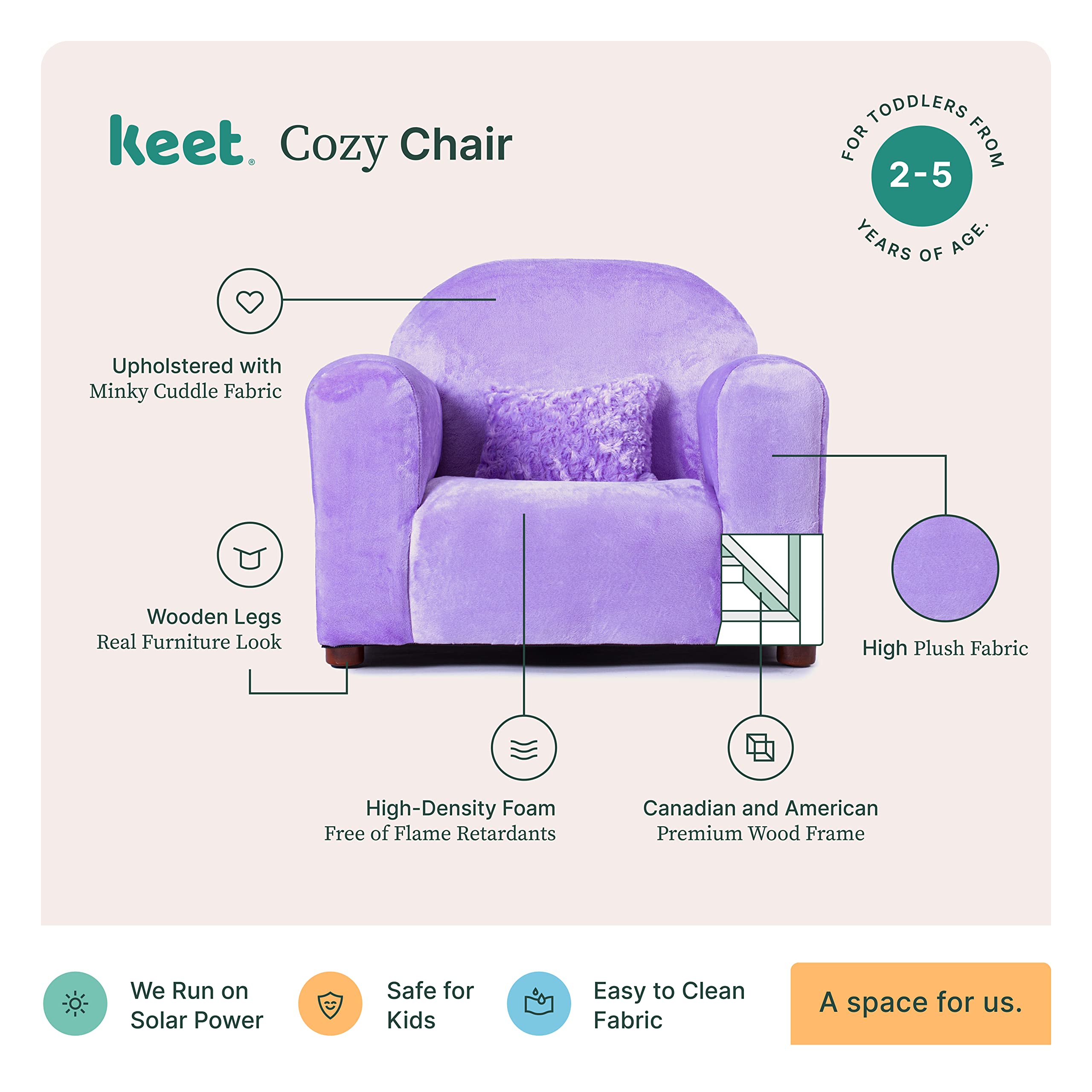 Keet Child Size Chair, Cozy Line, Minky Fabric, Comfortable and Durable Kids Chair, Kids Chairs Comfy Toddler, Toddler Sofa Couch for Girls and Boys, Kids Couch Chair, Ages 2-5 Years, Lavender