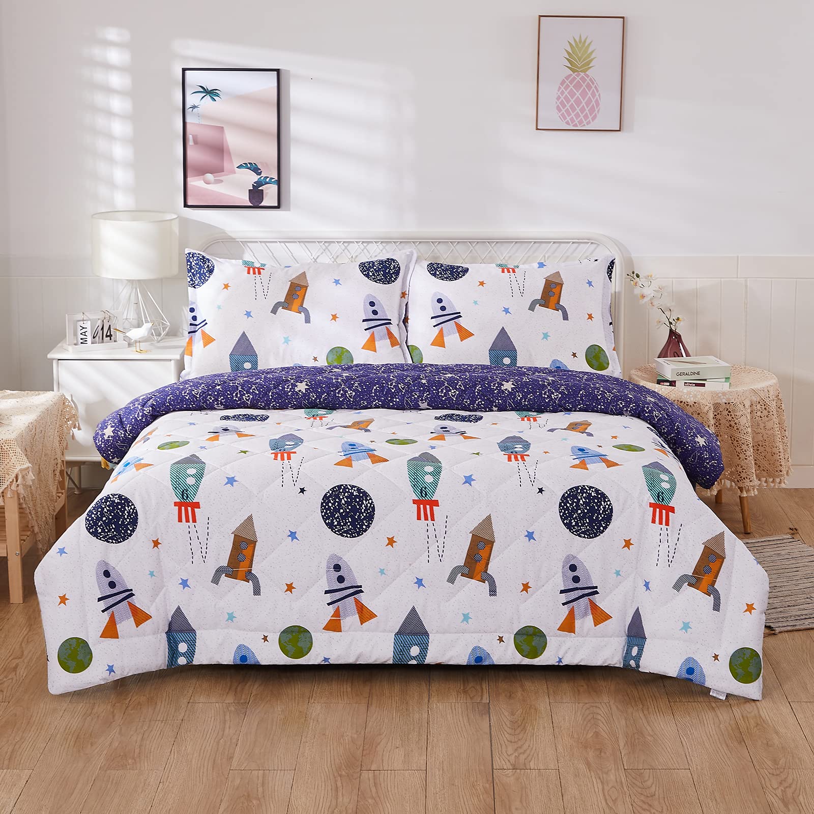 Brandream Kids Bedding Set Twin Size Space Boy Girl Cotton Comforter Set Space Rocket Galaxy Bedroom 3-Piece