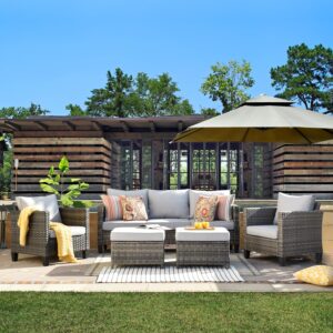 ovios patio furniture set, 5 pieces outdoor wicker rattan sofa couch with ottomans and comfy cushions, all weather high back conversation set for backyard porch garden, grey