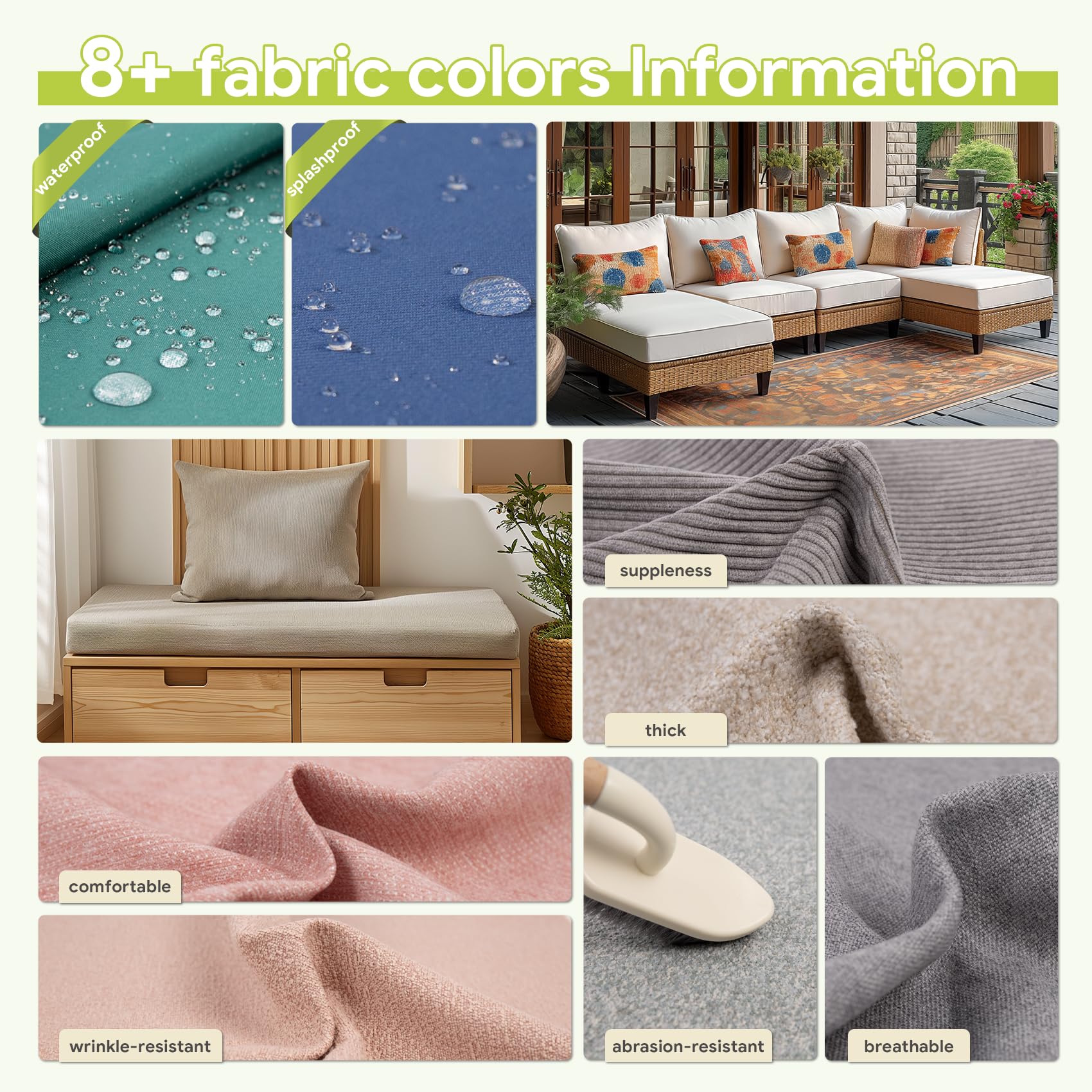 RULAER Custom Bench Cushion: Customizable Fabrics High- Resilience Sponge Bench Cushions for Indoor/Outdoor Furniture with Straps and Non-Slip Bottoms Durable and Waterproof Outdoor Bench Cushion