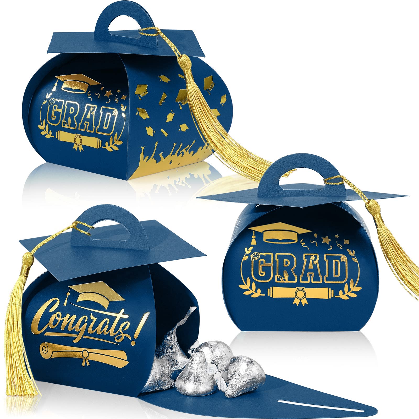 Spakon 30 Pcs Graduation Cap Gift Box Graduation Party Favors Graduation Candy Box Treat Box with Tassel Graduation Centerpieces for Tables 2024 Graduation Decorations Grad Part(Blue, Gold)