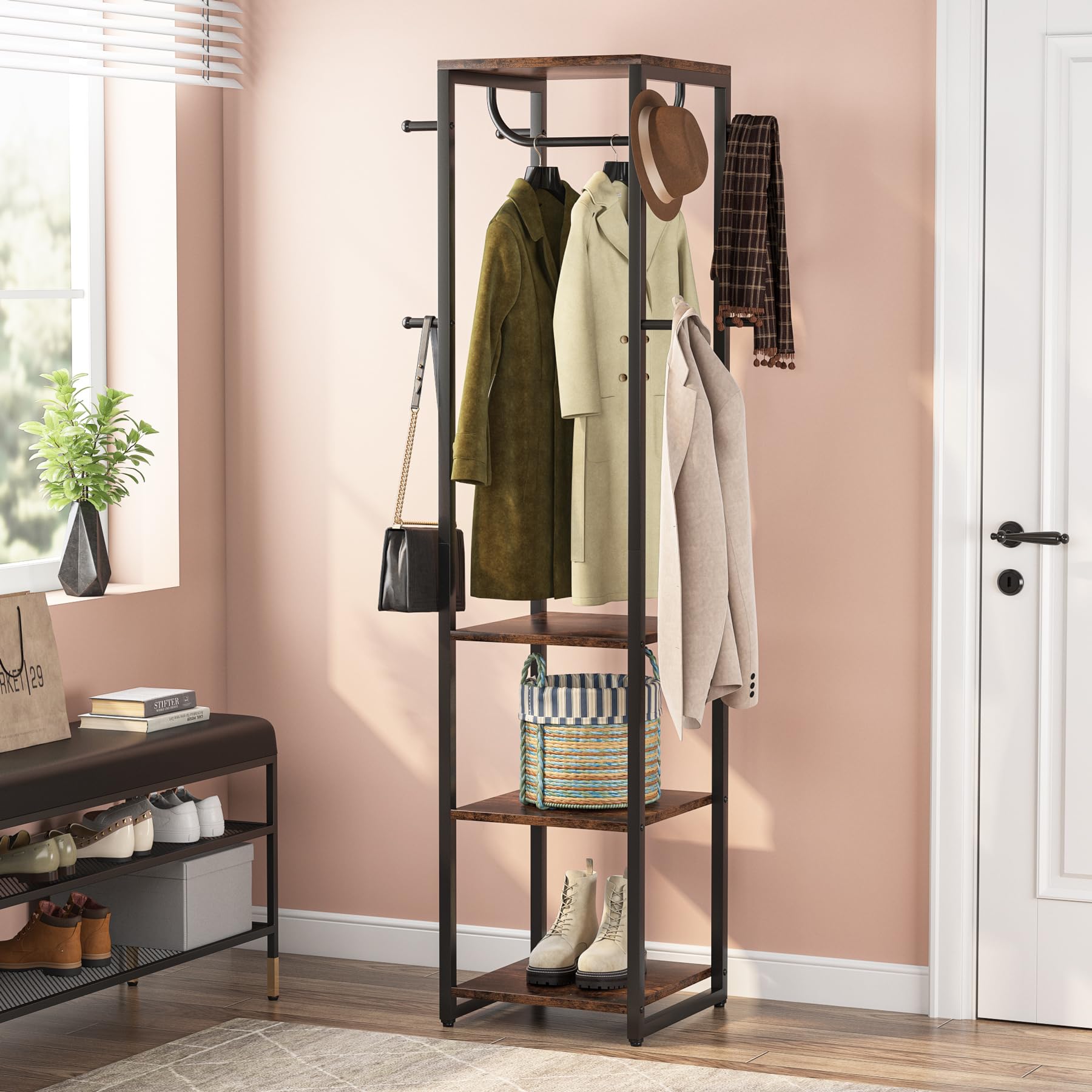 Tribesigns Coat Rack Freestanding with Shelves, Industrial Hall Tree with 4 Shelves and 8 Hooks, Standing Small Clothes Rack Closet Organizer for Entryway, Bedroom