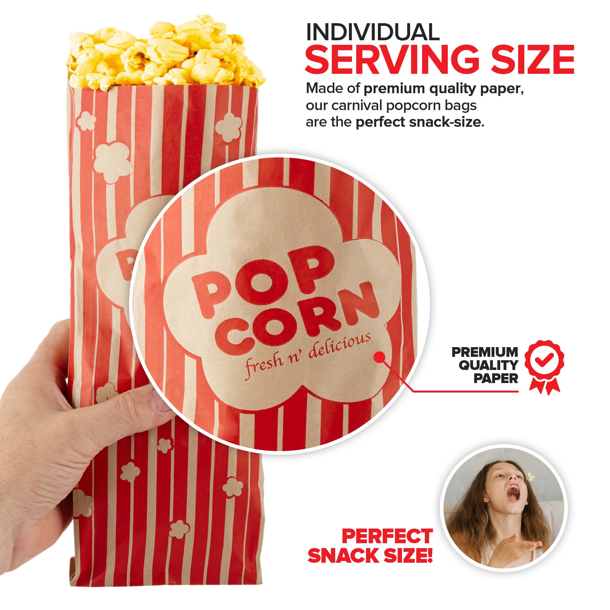 2 oz Paper Popcorn Bags Bulk (100 Pack) Large Kraft & Red Pop-corn Bag Disposable for Carnival Themed Party, Movie Night, Halloween, Popcorn Machine Accessories & Supplies, Individual Servings