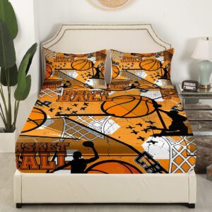 Basketball Bed Sheet Set Sports Theme Bedding Sheet 3D Ball Games Fitted Sheet for Boys Girls Children Teens Bedroom Decor Yellow Basketball Player Comforter Cover Twin Size with 1 Pillow Case