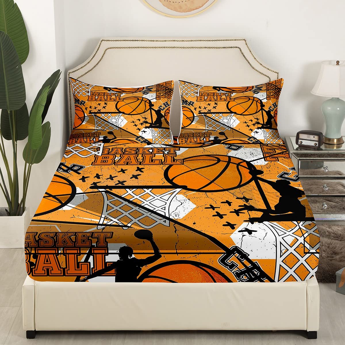 Basketball Bed Sheet Set Sports Theme Bedding Sheet 3D Ball Games Fitted Sheet for Boys Girls Children Teens Bedroom Decor Yellow Basketball Player Comforter Cover Twin Size with 1 Pillow Case