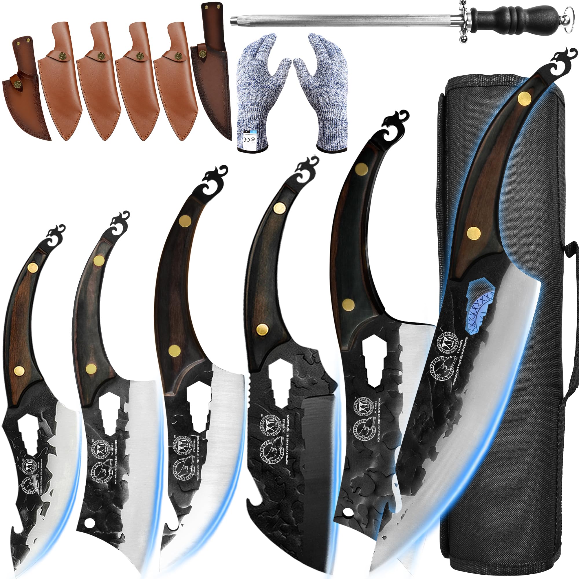 XYJ FULL TANG Outdoor Chef Knife 6-pieces Set Stainless Steel Slice Kitchen Knives Come With Universal Leather Case Carry Knife Bag Cutlery Knives Accessories