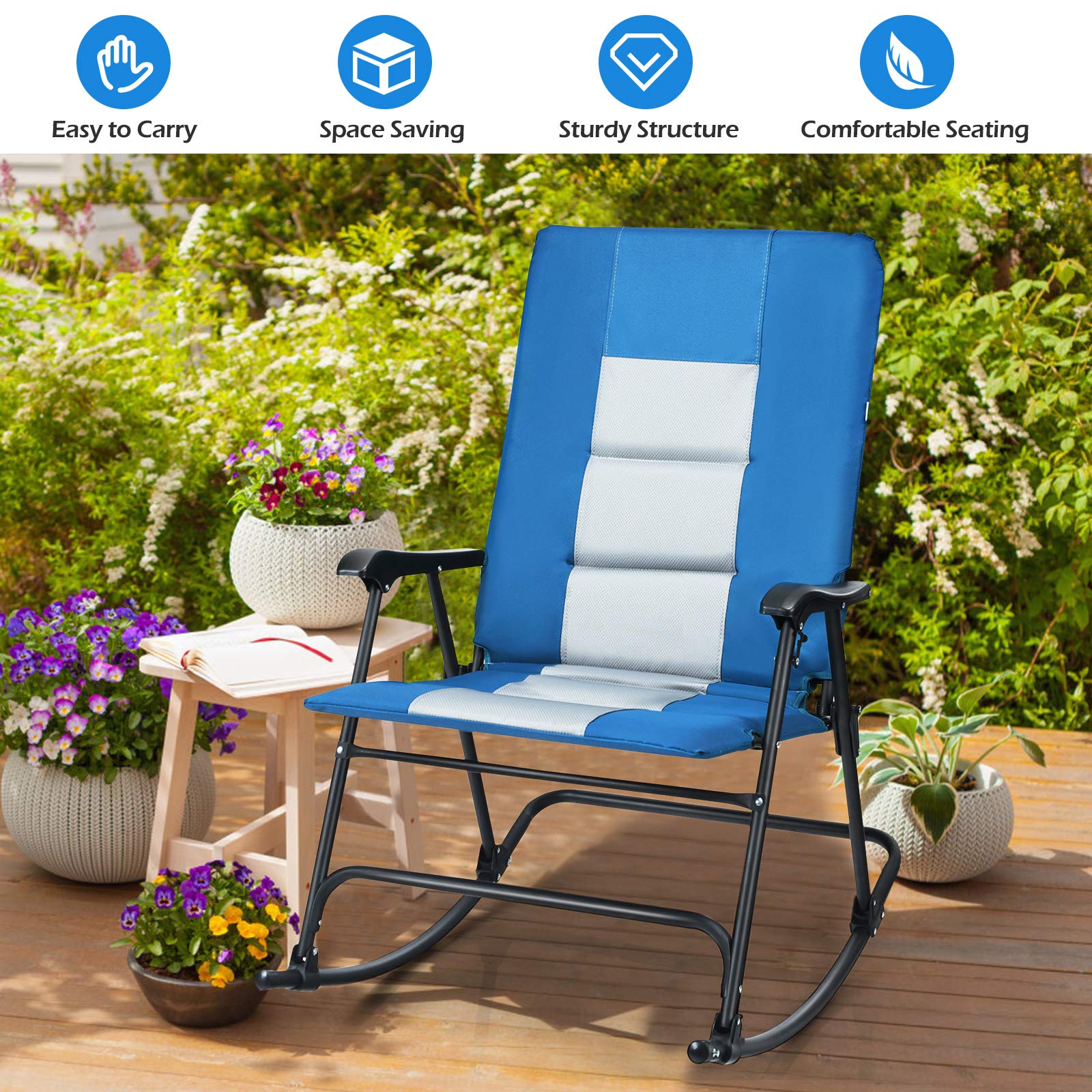 DORTALA Foldable Rocking Chair, Oversized Camping Rocking Chair w/High Back and Armrest, Padded Folding Lawn Chair, Support 350 lbs, Portable Chair for Outdoor, Patio, Blue