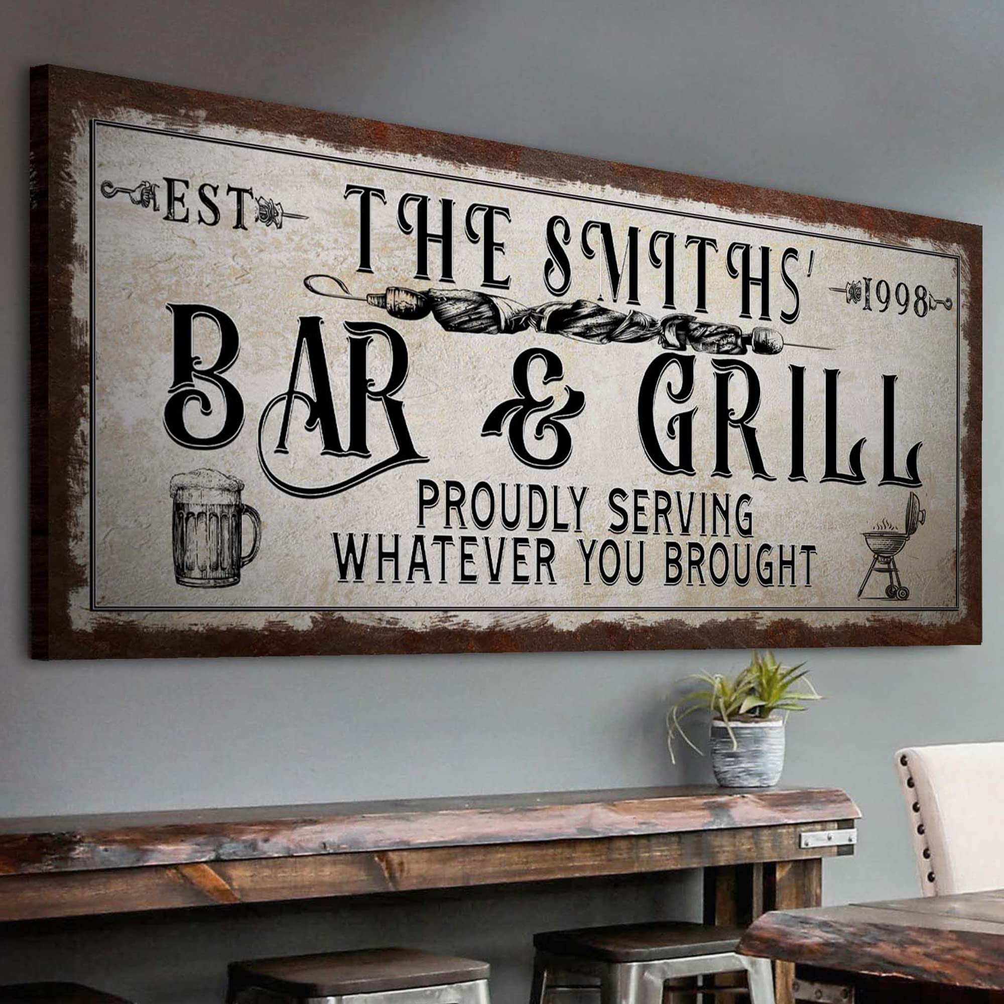 Tailored Canvases Custom Bar and Grill Sign - Canvas Wall Art Decor for Man Cave, Hideout, Kitchen, Pub, Diner and Restaurant - Rustic Bar & Grill Hook on Cloth with 1 Beer Mug and Griller, 20x10