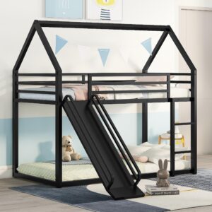 CITYLIGHT Metal Bunk Beds with Slide, House Bunk Bed Twin Over Twin with Roof, Kids Floor Bunk Beds with Built-in Ladder for Girls Boys Toddlers, Black