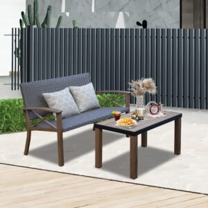 Domi Aluminum Patio Furniture Set, 2-Piece Modern Conversation Set with Cotton Padding Backrests and Seats, Outdoor Loveseat Metal Sofa Set with 5.5 Inch Cushion and Coffee Table for Balcony, Garden