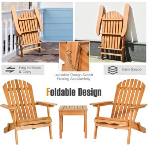 Tangkula 3 Pieces Adirondack Chair Set, Outdoor Wood Furniture Set with 2 Folding Lounge Chairs & Side Table, Widened Armrest, Slatted Design, All Weather Conversation Set for Garden Patio Backyard