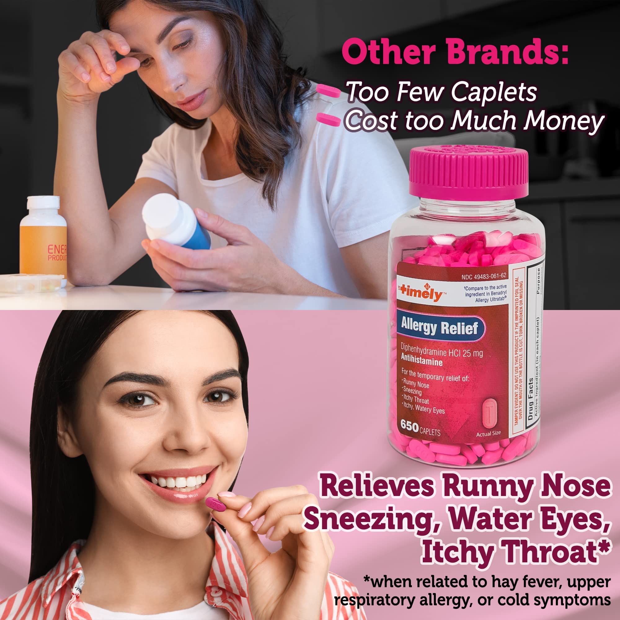 Timely Allergy Relief Diphenhydramine HCl 25 mg - 650 Caplets - Compared to Benadryl Allergy Ultratab - Antihistamine - Allergy Medication - Runny Nose Relief for Adults - Watery Eyes Treatment