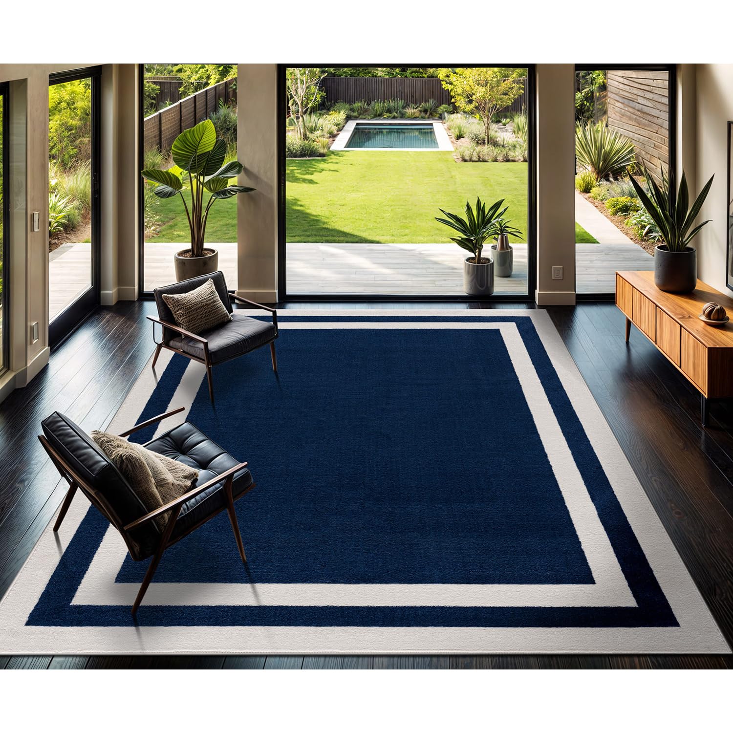 CAMILSON Bordered Navy Blue Rug 8x10 Area Rugs for Living Room Bedroom Kitchen Modern Soft Stain Resistant Non-Shedding Indoor Carpet (8 x 10 Navy Blue and Cream)