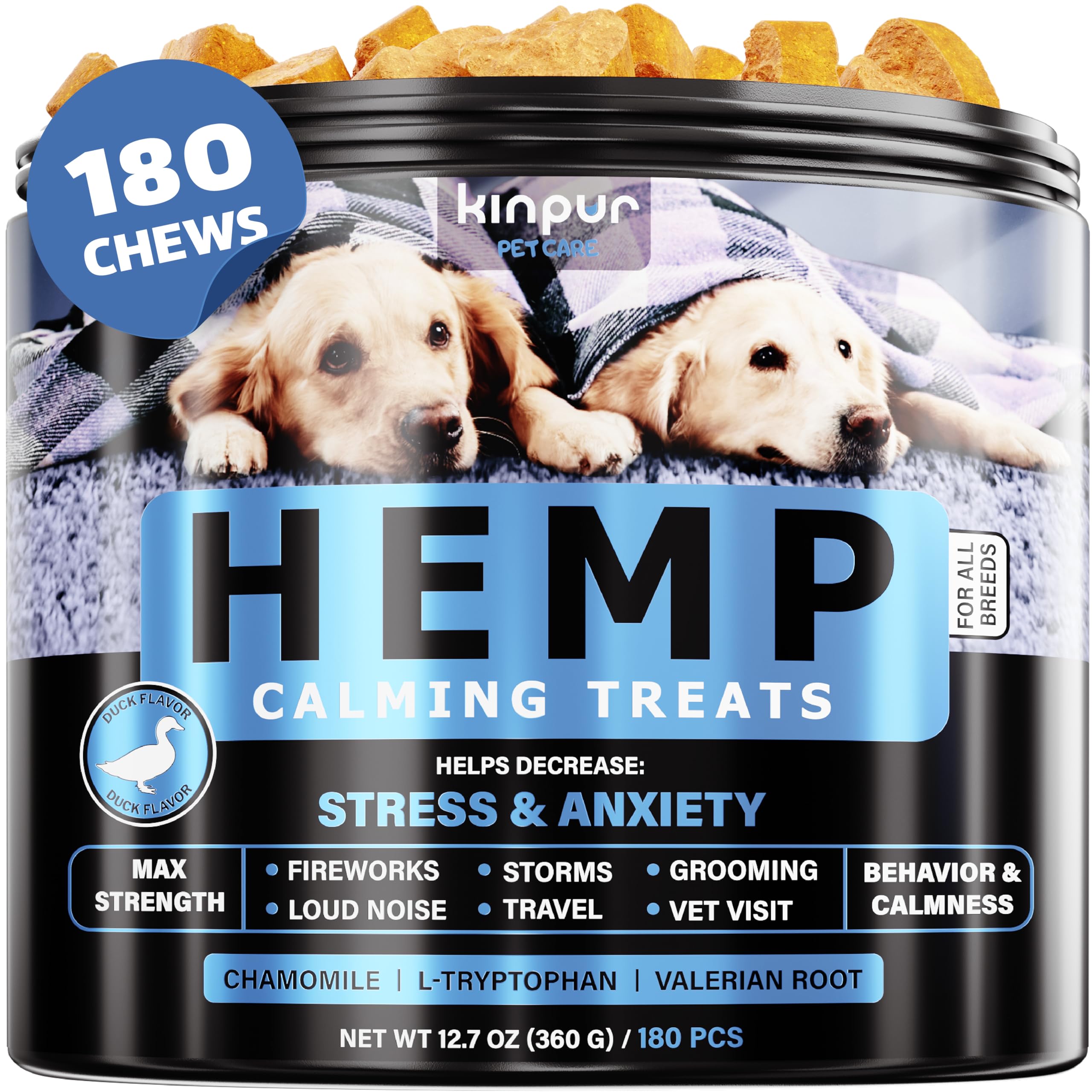 Calming Chews for Dogs - Anxiety Relief for Dogs - Dog Calming Treats with Hemp Oil for All Breeds - Hip & Joint Health - 180 Duck-Flavor Chews - Aid During Fireworks, Thunderstorms, Separation