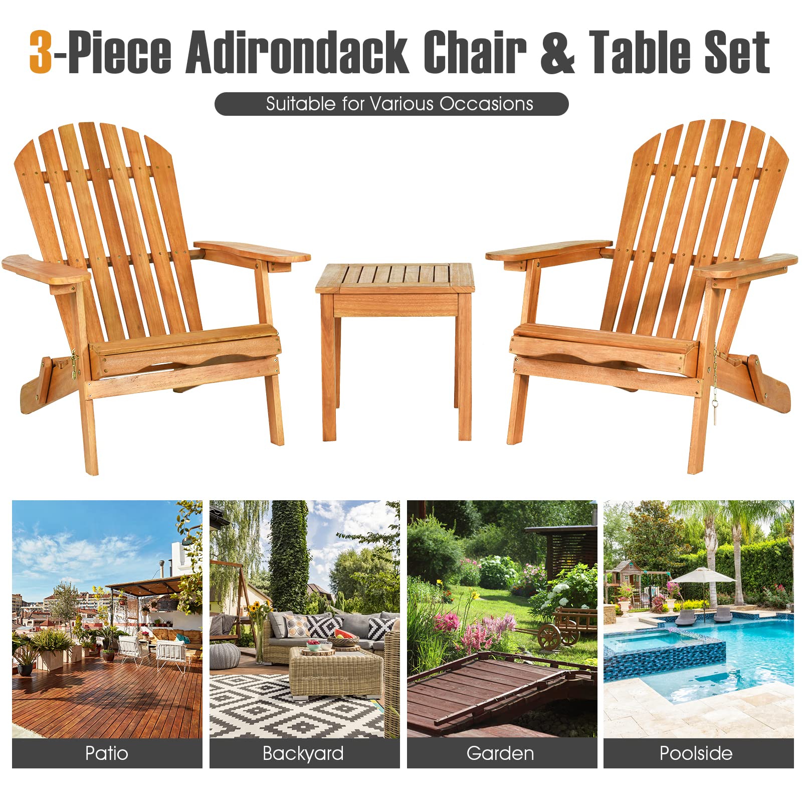 Tangkula 3 Pieces Adirondack Chair Set, Outdoor Wood Furniture Set with 2 Folding Lounge Chairs & Side Table, Widened Armrest, Slatted Design, All Weather Conversation Set for Garden Patio Backyard