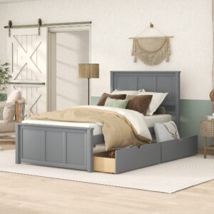 twin bed with drawers,wood platform bed frame with headboard and footboard wooden captain bed for boys, girls, kids, teens, gray