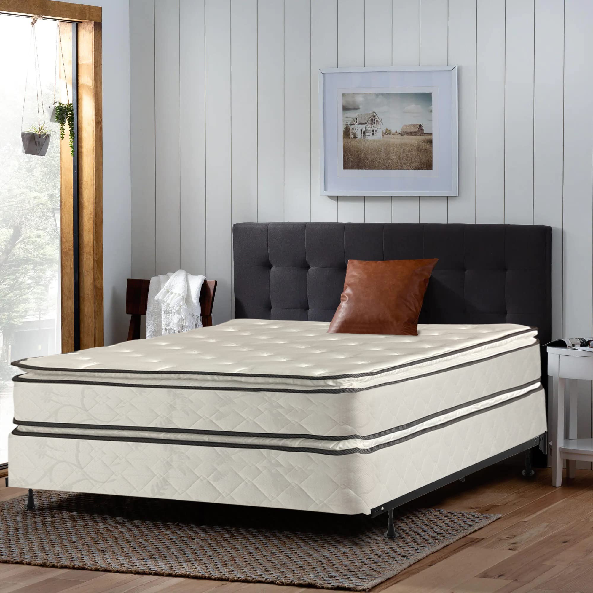 Mayton, 12-Inch Medium Plush Double Sided Pillowtop Innerspring Mattress & 8" Wood Box Spring Set with Frame, Queen