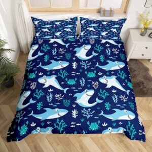 cute shark duvet cover set queen size,seaweed crab bedding set 3pcs for kids teens adult room decor, ocean sea animals comforter cover navy blue quilt cover with 2 pillowcases