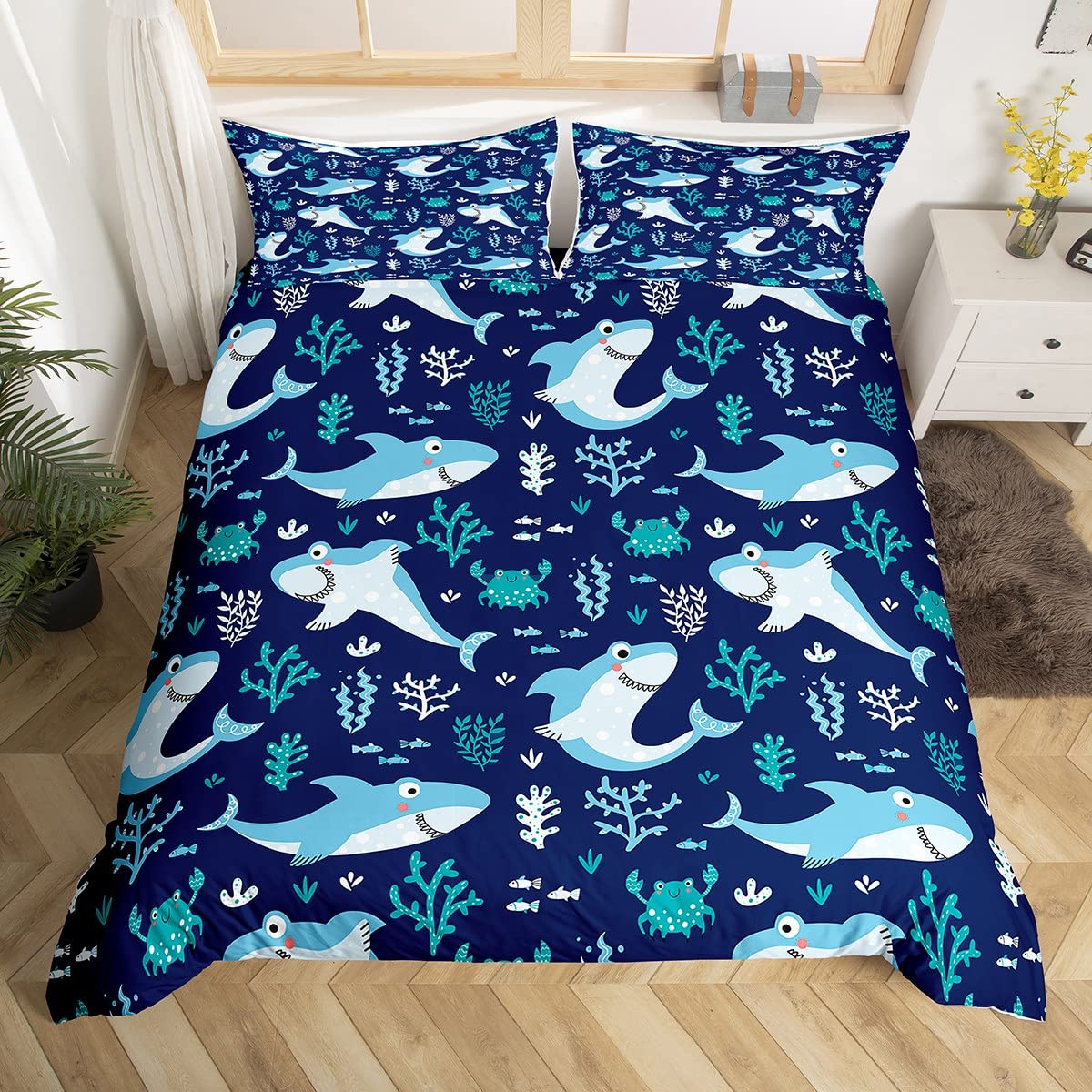 Cute Shark Duvet Cover Set Queen Size,Seaweed Crab Bedding Set 3pcs for Kids Teens Adult Room Decor, Ocean Sea Animals Comforter Cover Navy Blue Quilt Cover with 2 Pillowcases