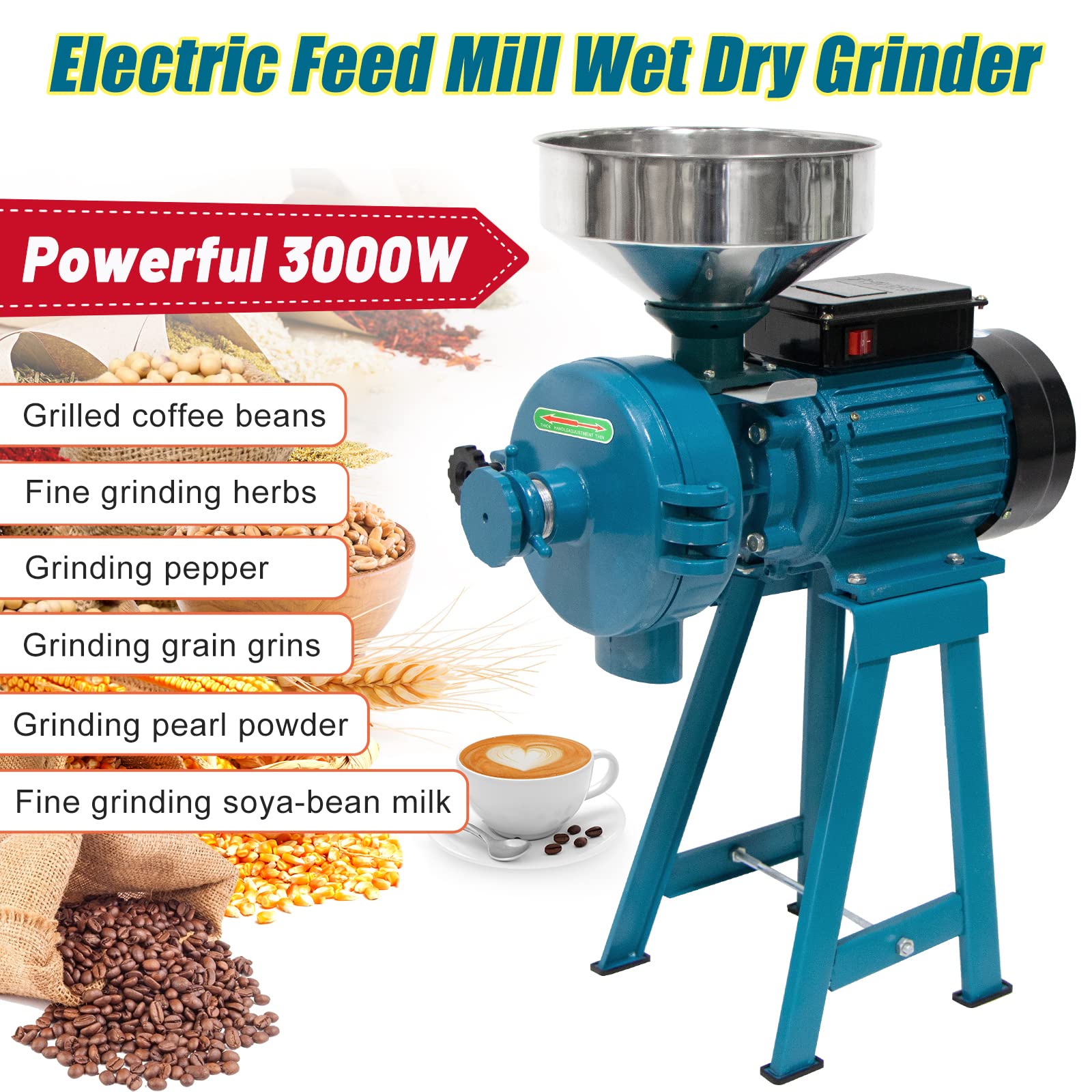 Grain Mills, 3000W Wet Dry Cereals Grinder Electric Grain Grinder Corn Mill Heavy Duty 110V Commercial Grain Grinder Machine Rice Corn Grain Coffee Wheat Feed Mill Flour Mill with Funnel