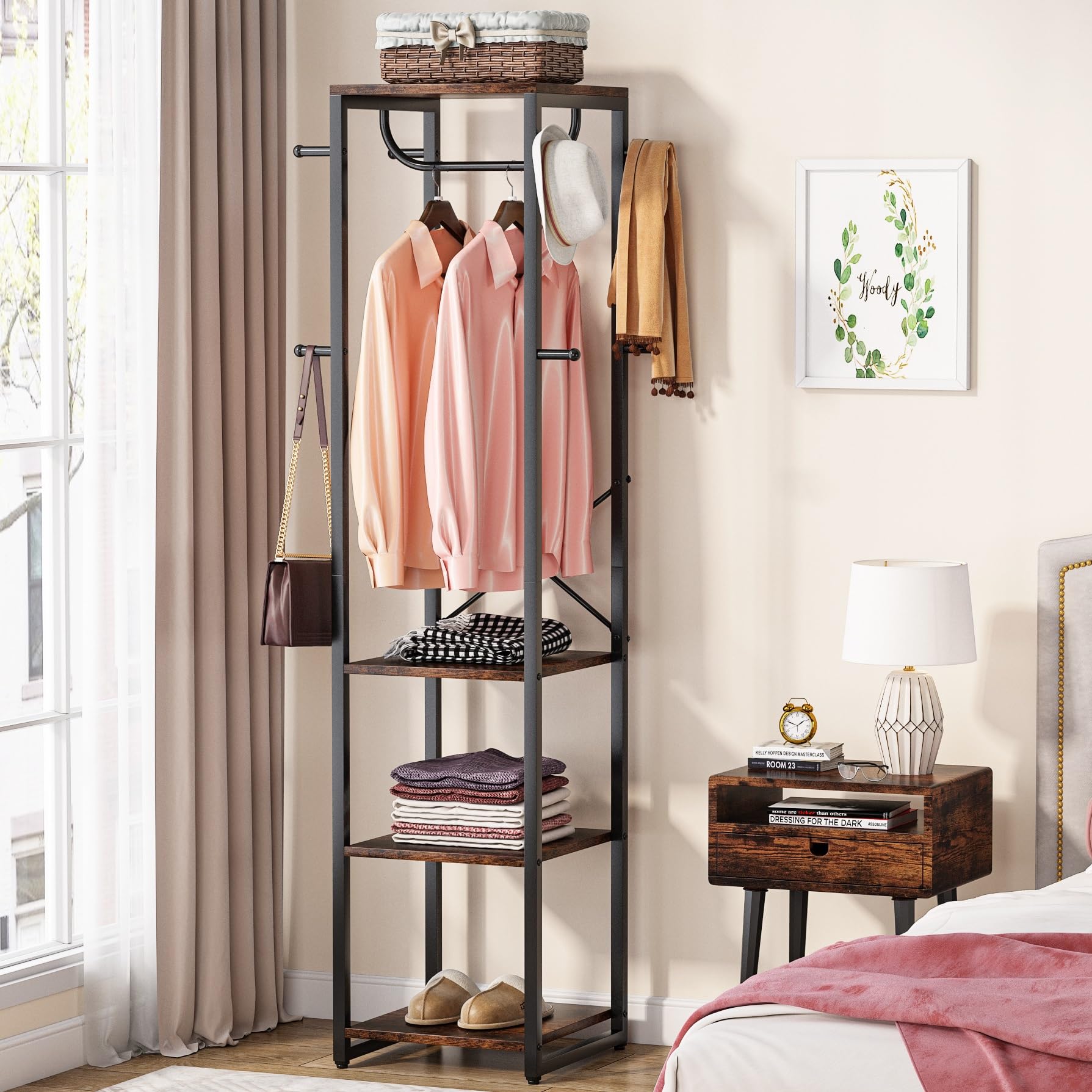 Tribesigns Coat Rack Freestanding with Shelves, Industrial Hall Tree with 4 Shelves and 8 Hooks, Standing Small Clothes Rack Closet Organizer for Entryway, Bedroom