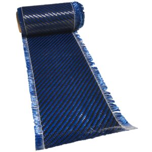 (1 ft -25 ft Rolls) KARBXON - 12 in - Carbon Fiber Aramid Fabric - Blue - 3K - 240g/meter - Twill Weave - Advanced Cloth Fabric - Rolled 12” Wide Hemmed Fabric for Repair, Drones, RC & DIY Projects