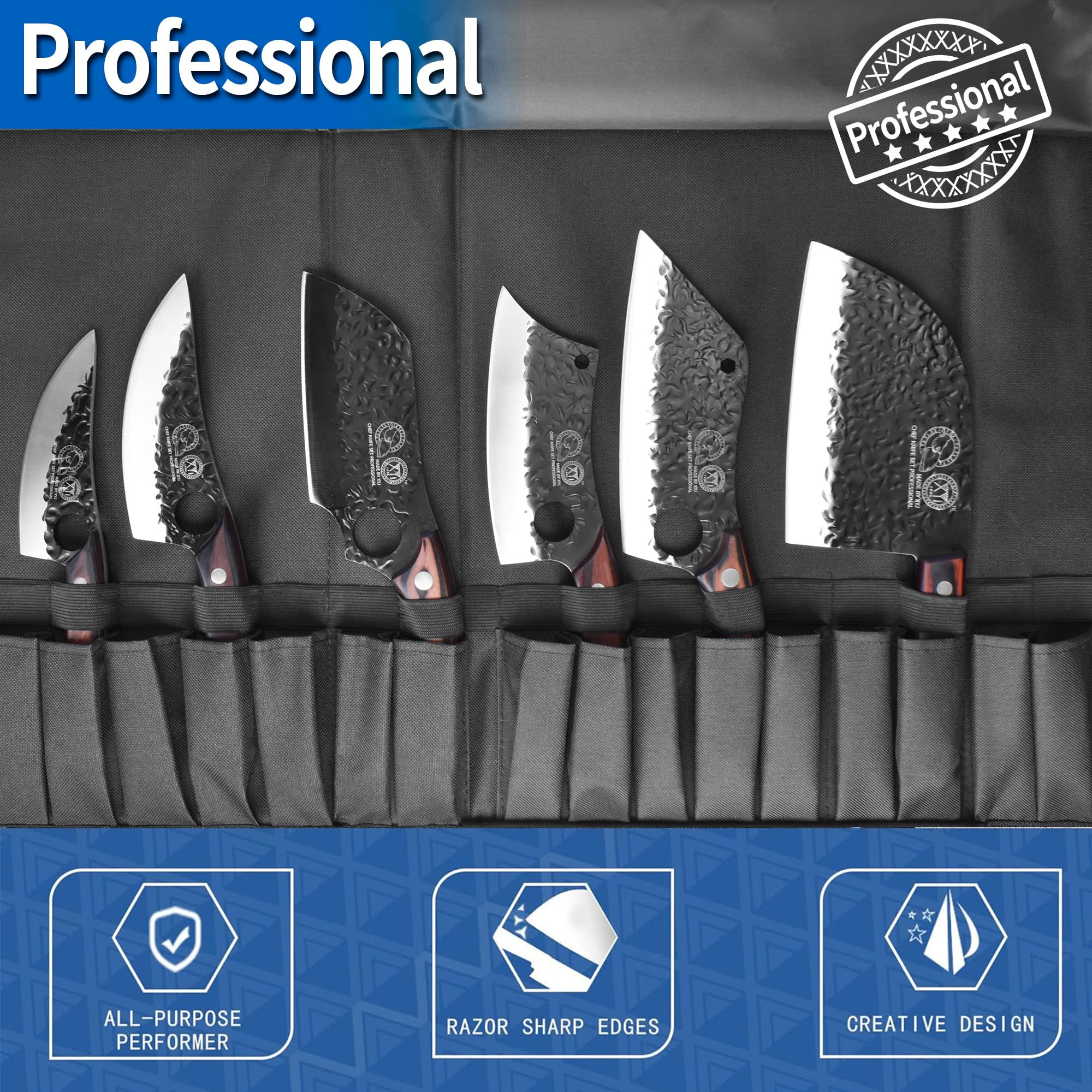 XYJ FULL TANG Camping Knives Set Chinese Butcher Vegetable Chef Knives Slice Boning Knives With Leather Sleeves&Roll Bag&Kitchen Tools