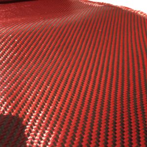 (1 ft -25 ft Rolls) KARBXON - 12 in - Carbon Fiber Aramid Fabric - RED - 3K - 240g/meter - Twill Weave - Advanced Cloth Fabric - Rolled 12” Wide Hemmed Fabric for Repair, Drones, RC & DIY Projects