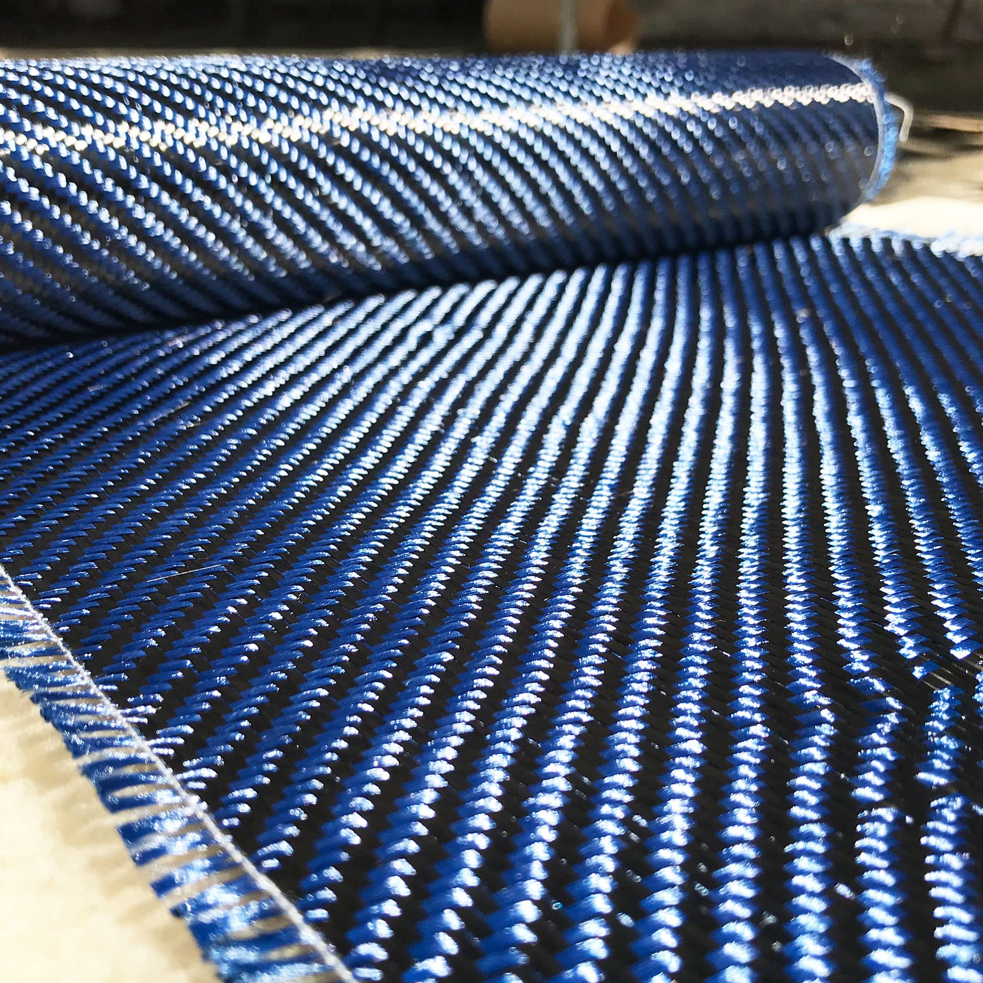 (1 ft -25 ft Rolls) KARBXON - 12 in - Carbon Fiber Aramid Fabric - Blue - 3K - 240g/meter - Twill Weave - Advanced Cloth Fabric - Rolled 12” Wide Hemmed Fabric for Repair, Drones, RC & DIY Projects