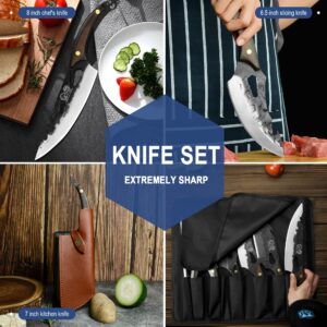 XYJ FULL TANG Outdoor Chef Knife 6-pieces Set Stainless Steel Slice Kitchen Knives Come With Universal Leather Case Carry Knife Bag Cutlery Knives Accessories