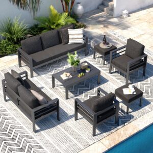 aecojoy aluminum patio furniture set, modern outdoor patio furniture with coffee table, 7 pieces outdoor conversation set with navy blue cushions for balcony, porch, lawn and more