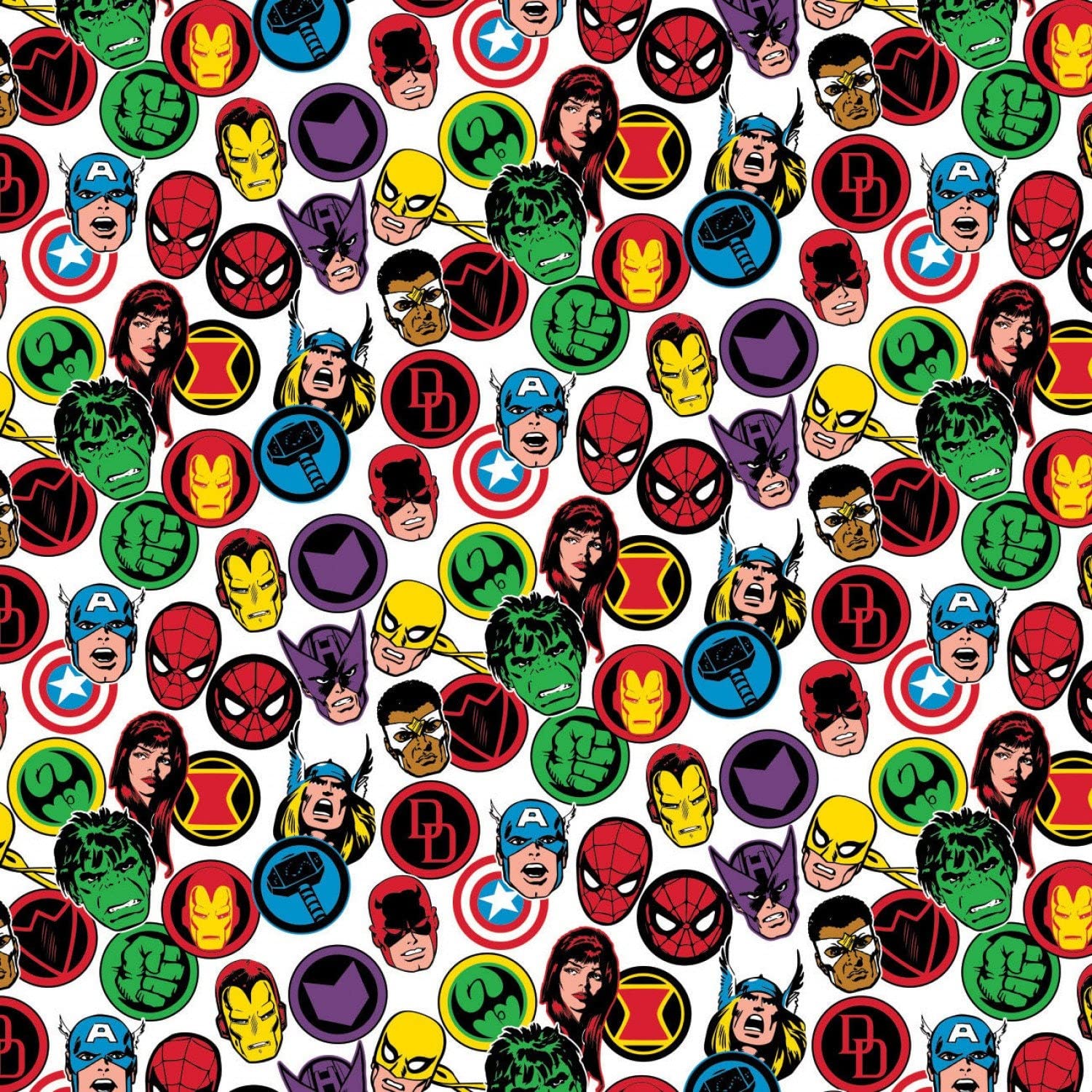 Marvel Fabric Character Hero Heads in White Premium Quality 100% Cotton Fabric by The Yard