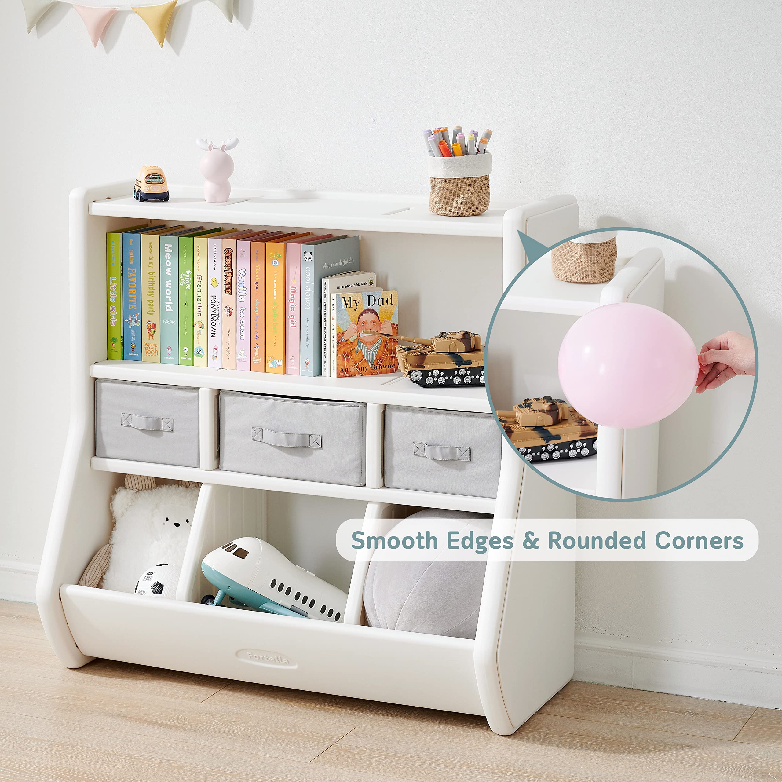 The Montessori Toy Storage Organizer by Fortella, with Bookshelf, Display Shelf, 3 Large Bins, and 3 Removable Drawers, Made of BPA and Formaldehyde FREE HDPE, Safe and Modern Toy Box Cabinet for Kids