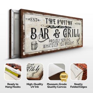 Tailored Canvases Custom Bar and Grill Sign - Canvas Wall Art Decor for Man Cave, Hideout, Kitchen, Pub, Diner and Restaurant - Rustic Bar & Grill Hook on Cloth with 1 Beer Mug and Griller, 20x10