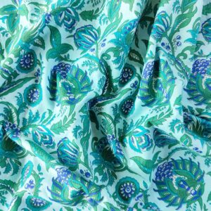 Craftbot Hand Block Print Fabric by The Yard - PRECUT 3 Yards 42 inch Width - 100% Cotton Material - Green Floral Pattern - Light Weight Indian Cloth for Making Kurti Summer Dress Salwar Kameez etc