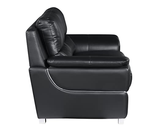 Blackjack Furniture Binion Modern Leather Loveseat for Living Room with Padded Headrests, Stainless Steel Legs & Accent Chrome Trim, Black