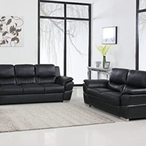 Blackjack Furniture Binion Modern Leather Loveseat for Living Room with Padded Headrests, Stainless Steel Legs & Accent Chrome Trim, Black