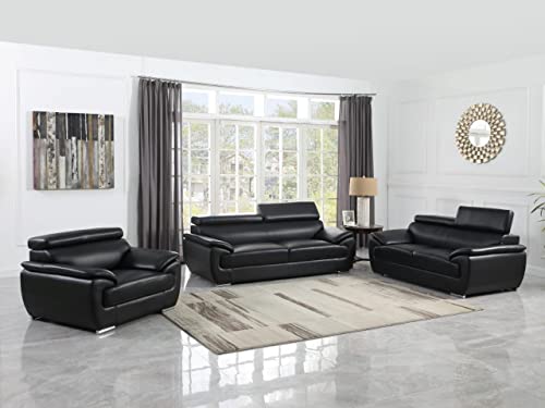 Blackjack Furniture 4571 Veal Collection Leather Upholstered Modern Living Room Chair, Loveseat, Sofa, Black