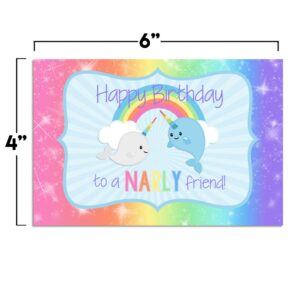 Magical Rainbow Narwhal Birthday Pun Themed Single (1) All Occasion Blank Birthday Card To Send To Friends & Family, 4"x 6" (when folded) Fill In Greeting Note Card by AmandaCreation