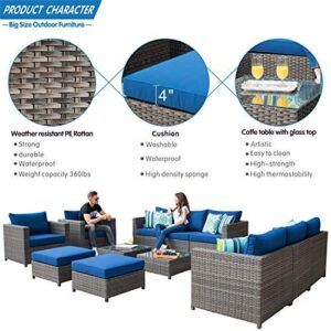 ovios Patio Furniture Set, 12 PCS Big Size Outdoor Furniture Set All Weather Rattan Wicker Sofa Sectional Set with Glass Table, Garden, Backyard, No Assembly Required (Navy Blue-Grey)