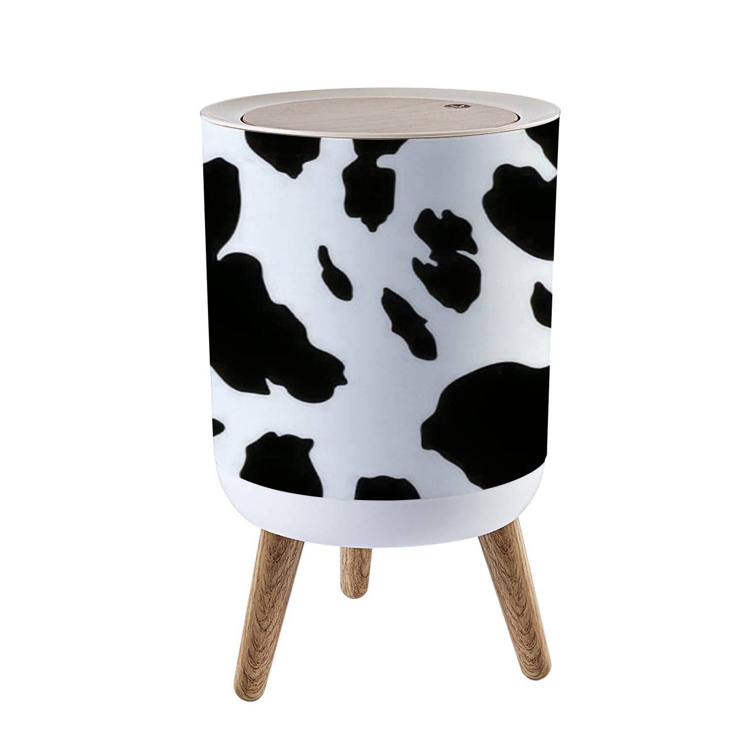 IBPNKFAZ89 Small Trash Can with Lid Cow Skin Imitation Seamless Print Realistic Texture of Animals Black Garbage Bin Wood Waste Bin Press Cover Round Wastebasket for Bathroom Bedroom Office Kitchen