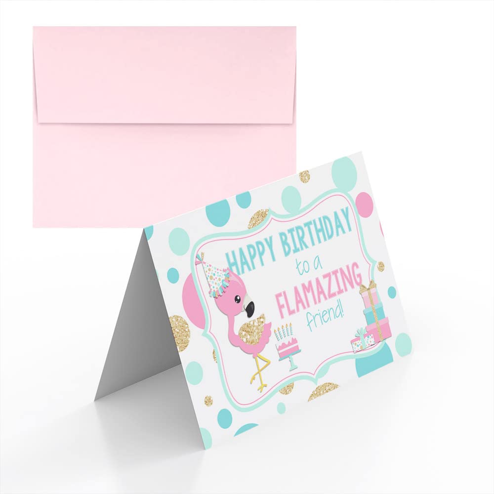 FLAMAZING Friend Flamingo Themed Birthday Pun Themed Single (1) All Occasion Blank Birthday Card To Send To Friends & Family, 4"x 6" (when folded) Fill In Greeting Note Card by AmandaCreation