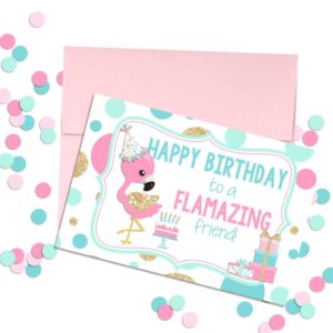 FLAMAZING Friend Flamingo Themed Birthday Pun Themed Single (1) All Occasion Blank Birthday Card To Send To Friends & Family, 4"x 6" (when folded) Fill In Greeting Note Card by AmandaCreation