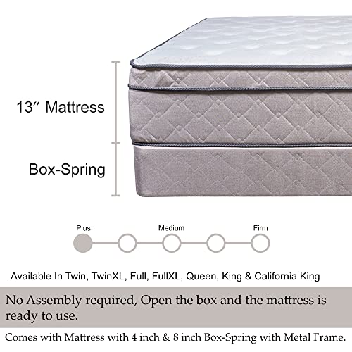 Mattress Comfort, 13-Inch Soft Foam Encased Hybrid Eurotop Pillowtop Memory Foam Gel Innerspring Mattress & 8" Wood Box Spring Set with Frame, Full XL