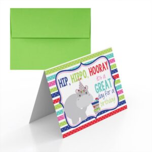 hip hippo hooray birthday pun themed single (1) all occasion blank birthday card to send to friends & family, 4"x 6" (when folded) fill in greeting note card by amandacreation