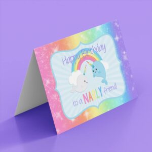 Magical Rainbow Narwhal Birthday Pun Themed Single (1) All Occasion Blank Birthday Card To Send To Friends & Family, 4"x 6" (when folded) Fill In Greeting Note Card by AmandaCreation