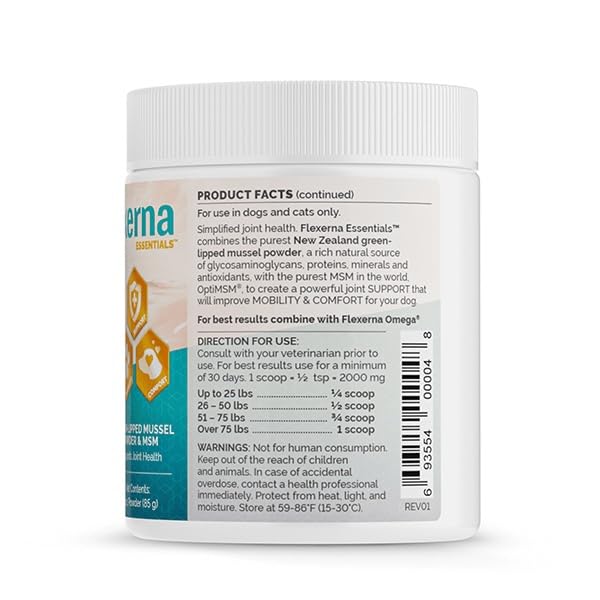 TopDog Health - Flexerna Essentials Green Lipped Mussel Powder & MSM for Dogs - Natural Dog Joint & Mobility Support - Natural Glucosamine Chondroitin + Omega-3 Fatty Acids - Anti-Inflammatory - 3 Oz