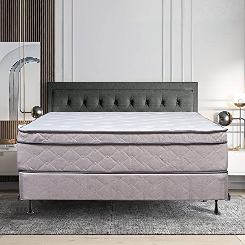 Mattress Comfort, 13-Inch Soft Foam Encased Hybrid Eurotop Pillowtop Memory Foam Gel Innerspring Mattress & 8" Wood Box Spring Set with Frame, Full XL